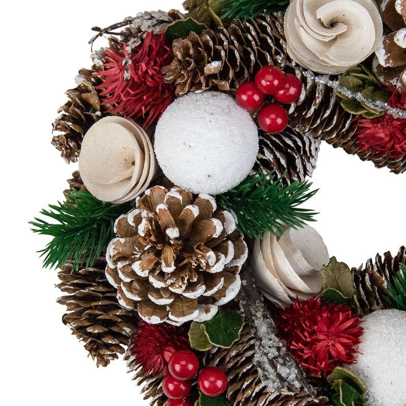 White Wooden Rose  Pine Cone and Berry Artificial Christmas Wreath  10-Inch  Unlit