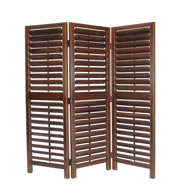 Wooden 3 Panel Room Divider with Slatted Design, Brown-Benzara