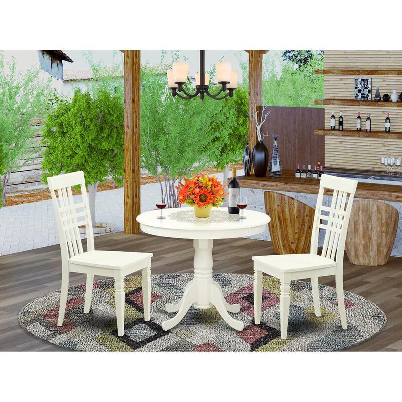 3 Pc set with a Kitchen Table and 2 Wood Kitchen Chairs Having Linen White .