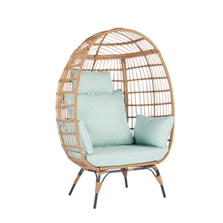 Wicker Egg Chair, Oversized Indoor Outdoor Lounger for Patio, Backyard, Living Room w/ 5 Cushions, Steel Frame, 440lb Capacity - Light Blue