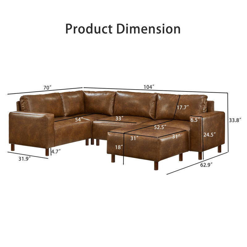Sledve Mid‑Century Modern Breathable Faux‑Leather 5‑Piece Sectional Sofa image number 7
