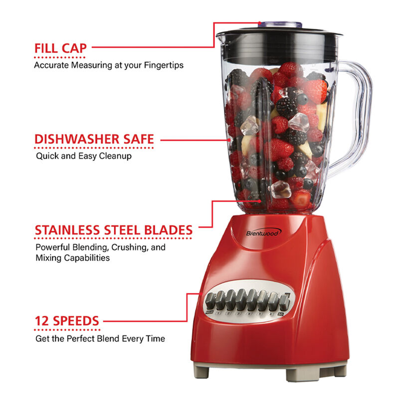 Brentwood 12 Speed Blender with Plastic Jar in Red image number 8