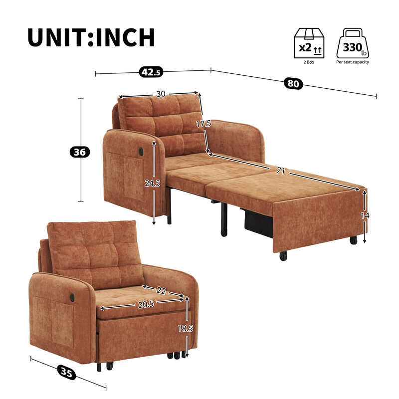 3-in-1 Sleeper Chair Chenille Sofa Bed, 80" Extra Long Pull Out Sleeping Lounge with USB Charging, Storage Pockets and Box image number 7