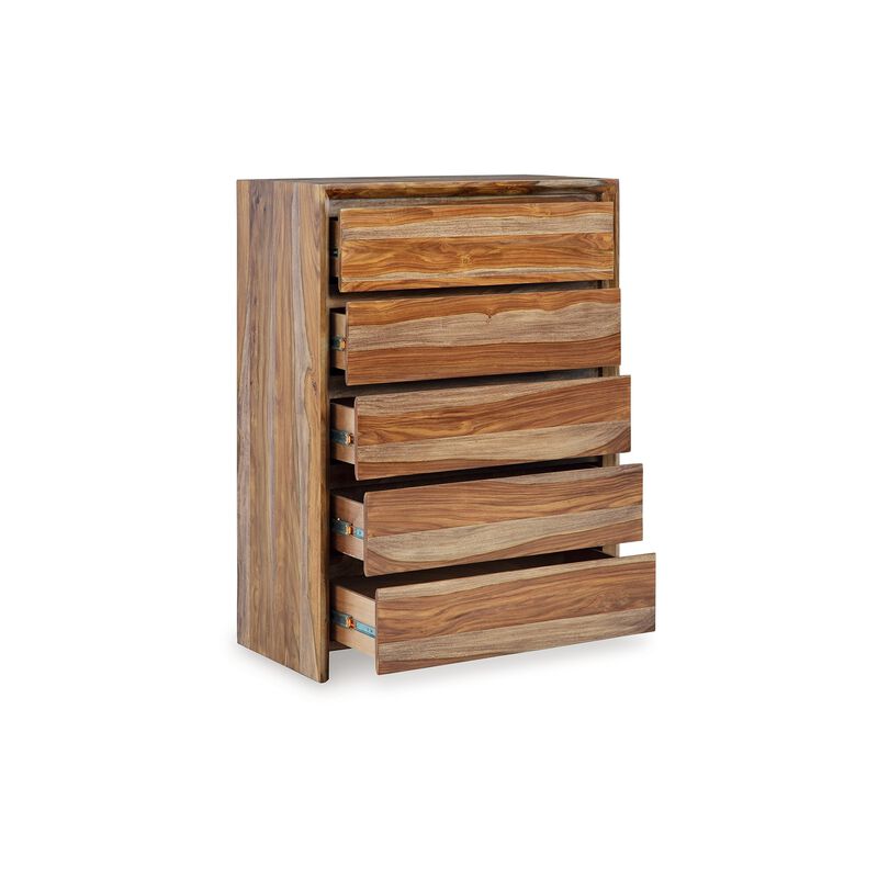 Donni Tall Dresser Chest, 5 Drawer, Brown Sheesham Wood, 51 Inch - Benzara