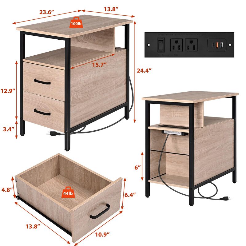 Livofloral Side Tables with Charging Station, Narrow End Table with 2 Wooden Drawers, USB Ports and Power Outlets, Narrow Nights