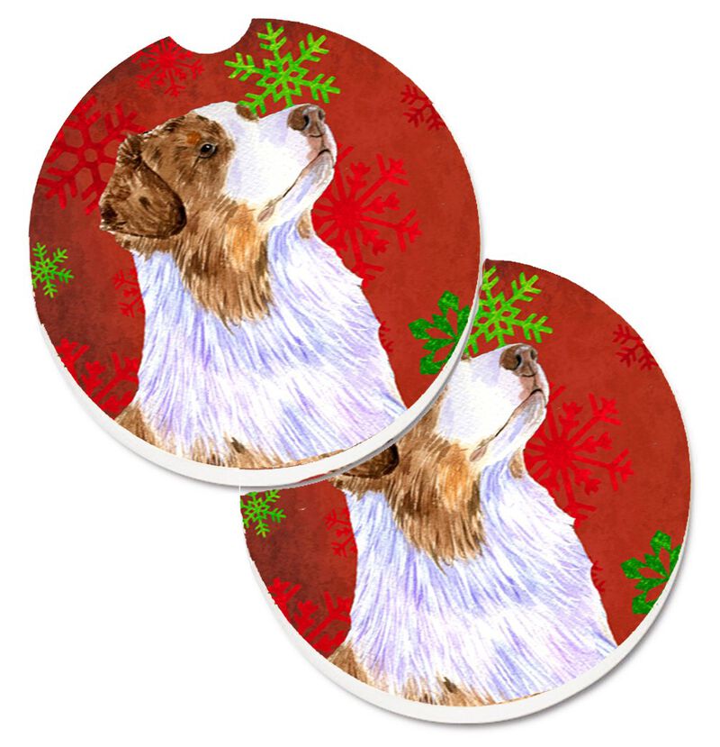Caroline's Treasures Australian Shepherd Red green Snowflakes Christmas Set of 2 Cup Holder Car Coasters LH9318CARC, 2.56, Multicolor image number 0