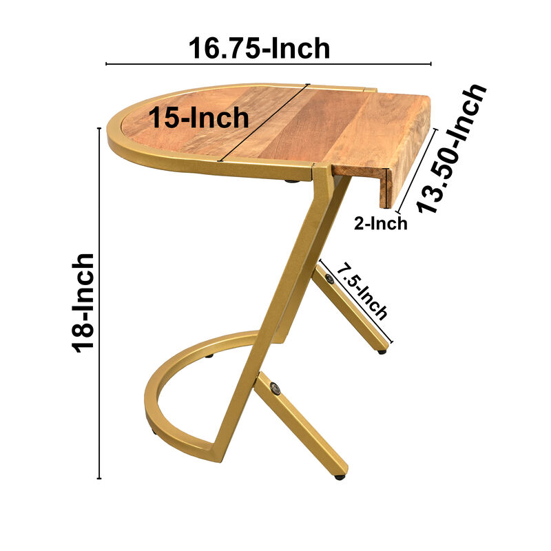 17 Inch Side End C Table, Natural Mango Wood Top with Drop Edge, Iron Gold Angled Frame