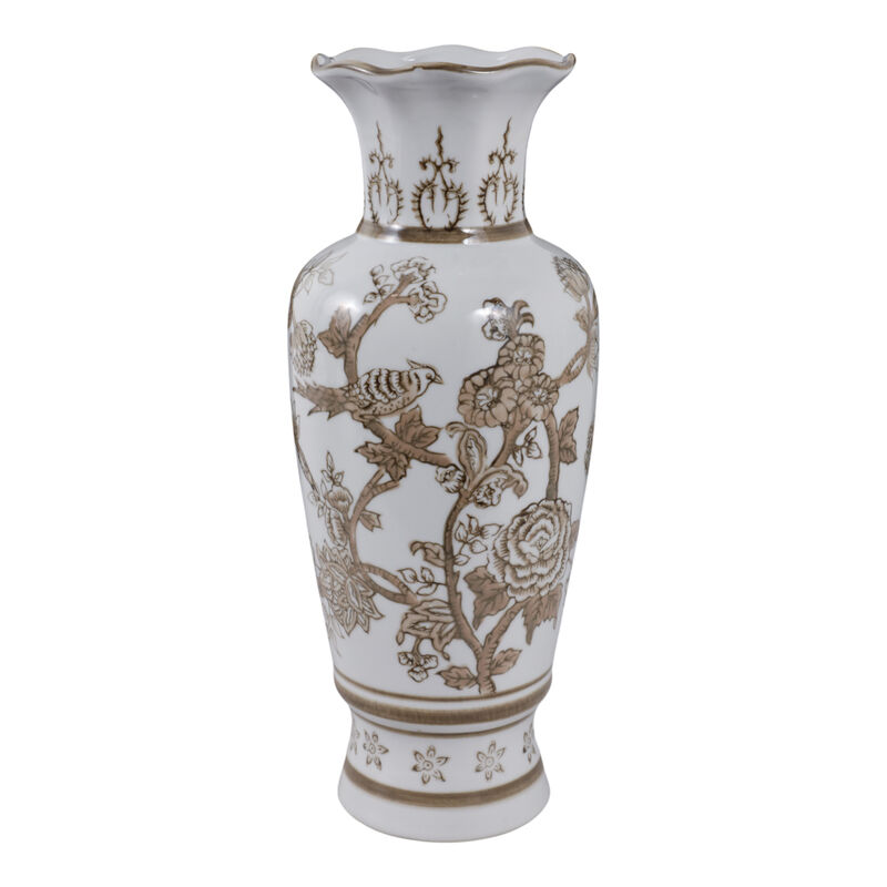 12x5" Chinoiserie Bird & Vines Vase, Brown/white image number 0