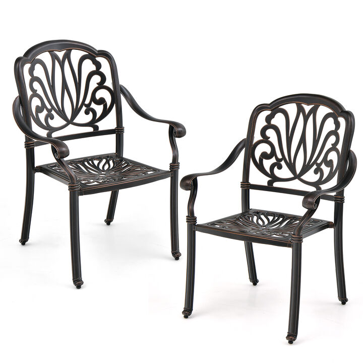 2 Pieces Patio Cast Aluminum Dining Chairs with Armrests-Bronze