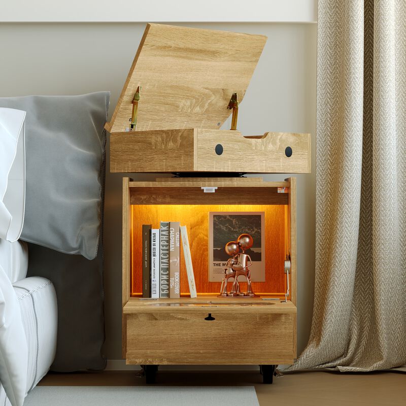 FUFU&GAGA Modern Robot Design Nightstand with 360° Swivel Top, Glass Door and Drawer, Touch LED Lighting, (18.9 in. W x 16.8 in. D x 29.4 in. H), Brown