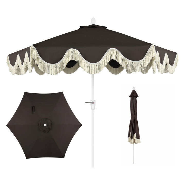 Collins Classic Cottage Tassel Market Patio Umbrella with Auto-Tilt, Crank, Wind Vent and UV Protection