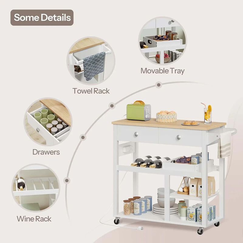 Rolling Kitchen Island with Storage Drawers and Built-In Charging Station- White image number 8