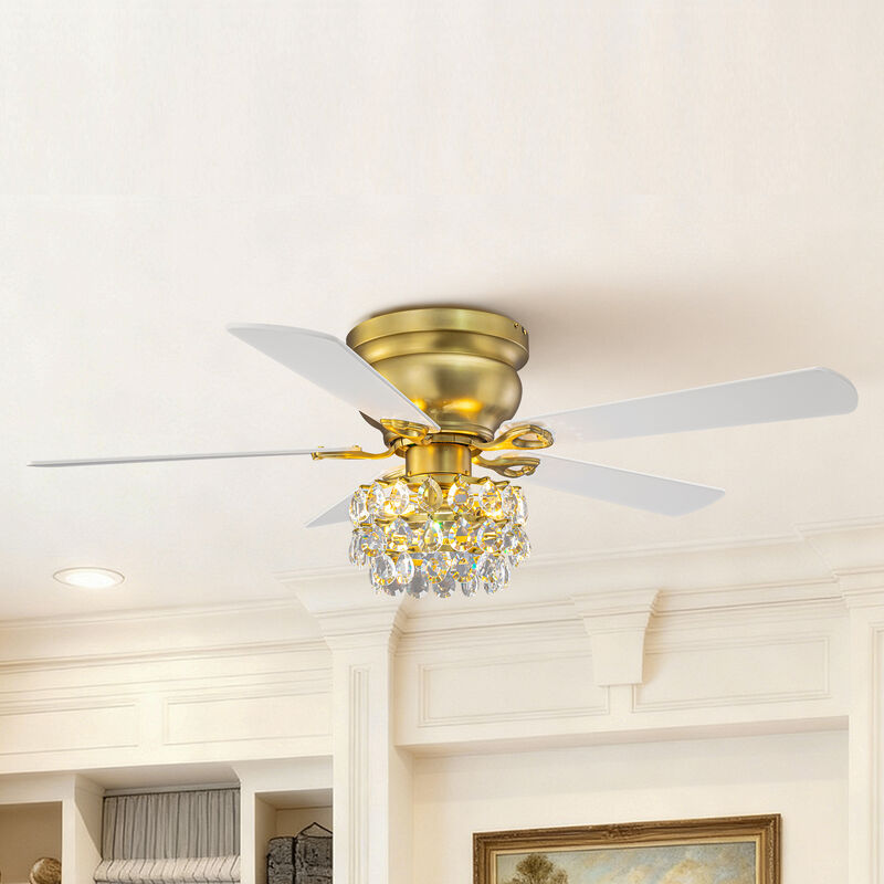48 in. Soft Brass Crystal Flush Mount Hugger Ceiling Fan with Light and Remote