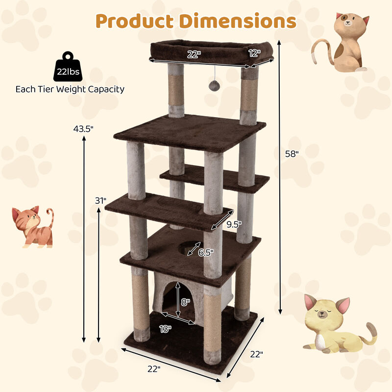 Large Cat Tree Multi-Level with Swaying Condo and Soft Plush Perch Bed-Brown image number 2