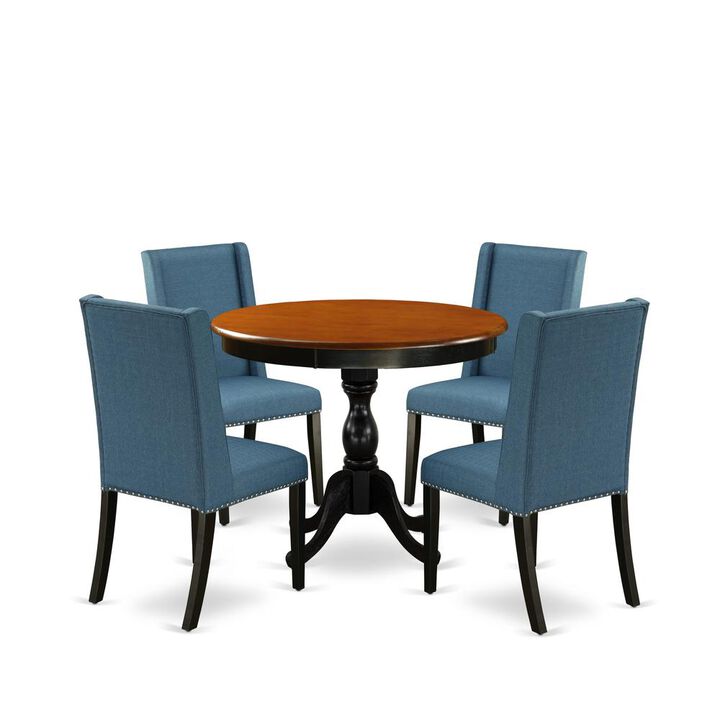 East West Furniture 5-Piece Wooden Dining Set Consists of a Kitchen Dining Table and 4 Blue Linen Fabric Dining Room Chairs with High Back - Black Finish