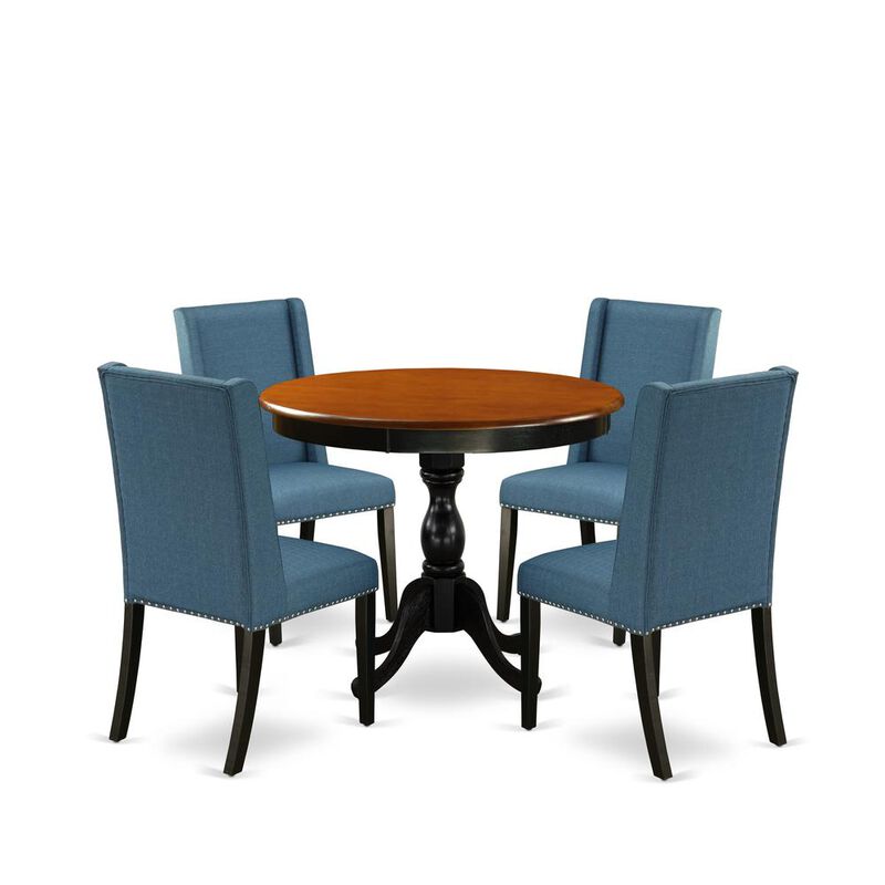 East West Furniture 5-Piece Wooden Dining Set Consists of a Kitchen Dining Table and 4 Blue Linen Fabric Dining Room Chairs with High Back - Black Finish