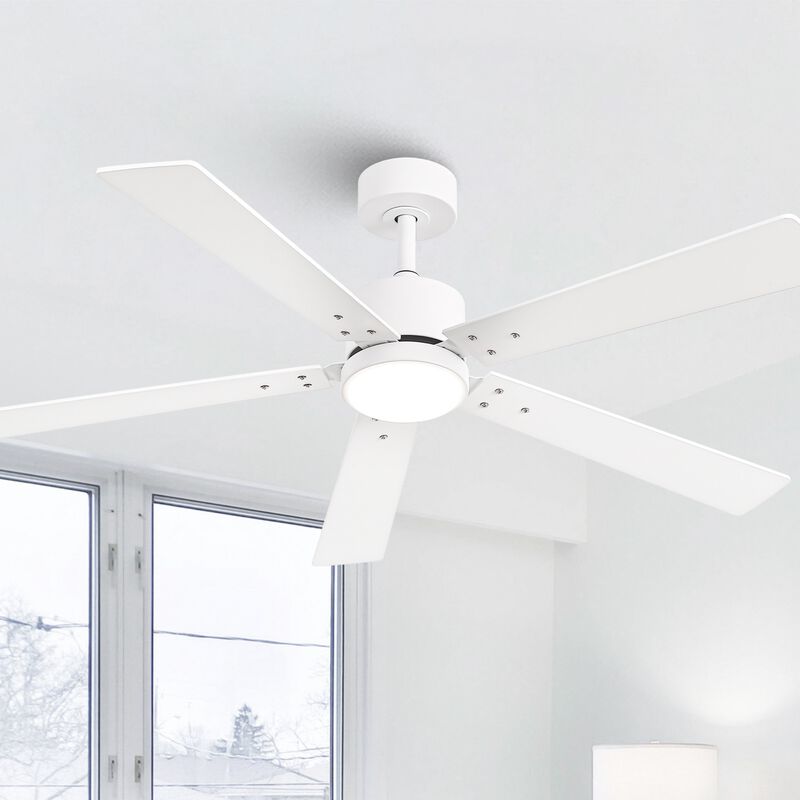 52" Modern White Wooden 5-blade Ceiling Fan with Light and Remote