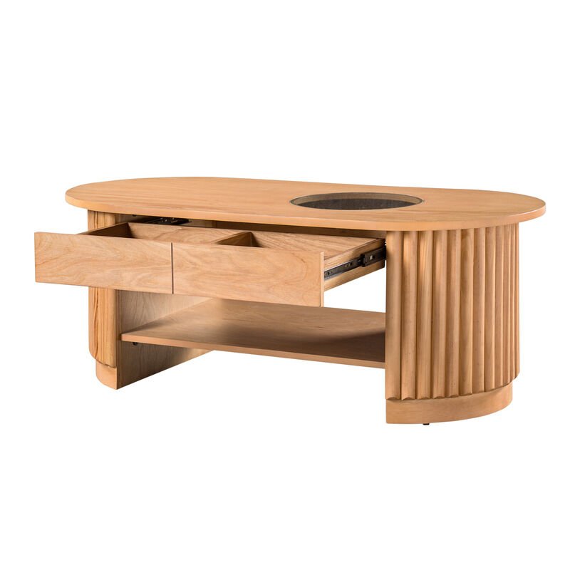 Merax Fluted Oval Coffee Table with 2 Pull-Out Side Drawers, Heat/Scratch-Resistant Glass Insert image number 5