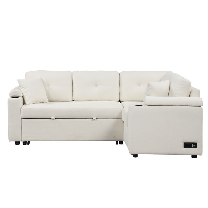 87.4" L-Shape Sofa Bed PUllout Sleeper Sofa with Wheels, USB Ports, Power Sockets for Living Room, Beige