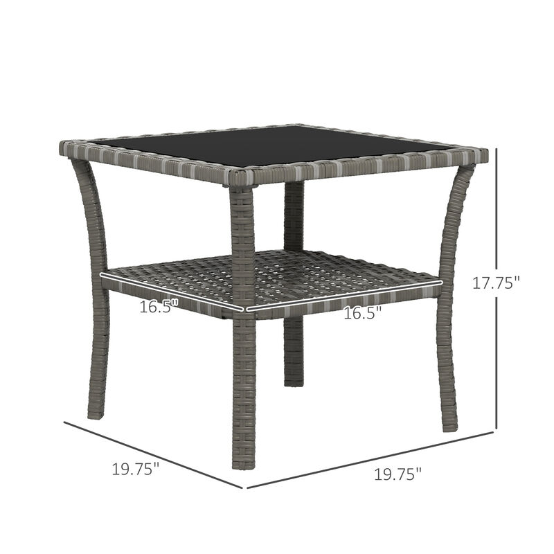 Outsunny Rattan Side Table, Outdoor End Table with Storage Shelf, Aluminum Frame Square, Coffee Table with Tempered Glass Top, Mixed Gray
