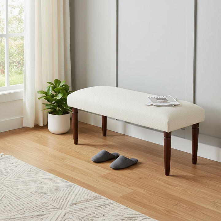 HomeRoots 47" Cream and Brown Boucle and Solid Wood Upholstered Bench