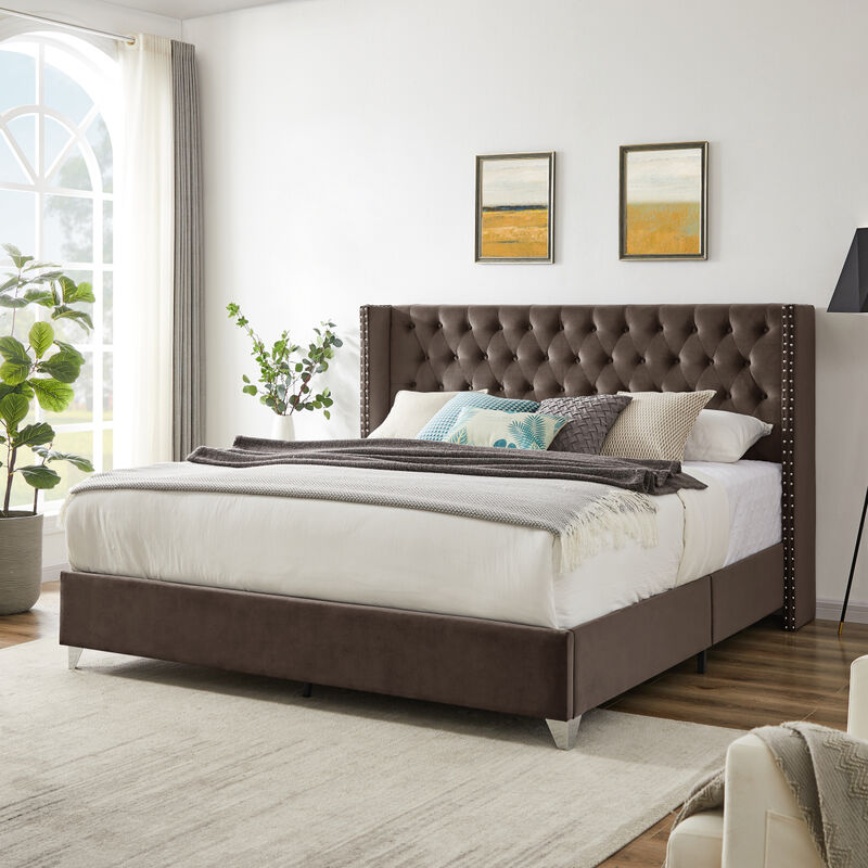 King bed, Button designed Headboard, strong wooden slats + metal legs with Electroplate
