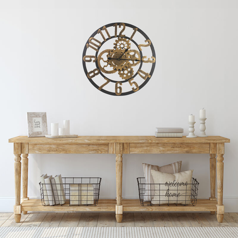 24" Gold and Black Battery Operated Round Wall Clock with Cogs