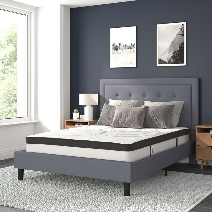 Roxbury Queen Size Tufted Upholstered Platform Bed in Light Gray Fabric with 10 Inch CertiPUR-US Certified Pocket Spring Mattress