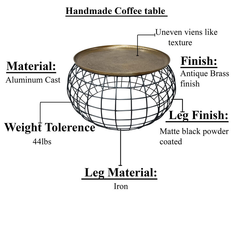 Milo 2-Piece Coffee Table and End Table Set - Round Antique Brass Tray Top with Curved Cage Design Black Iron Base