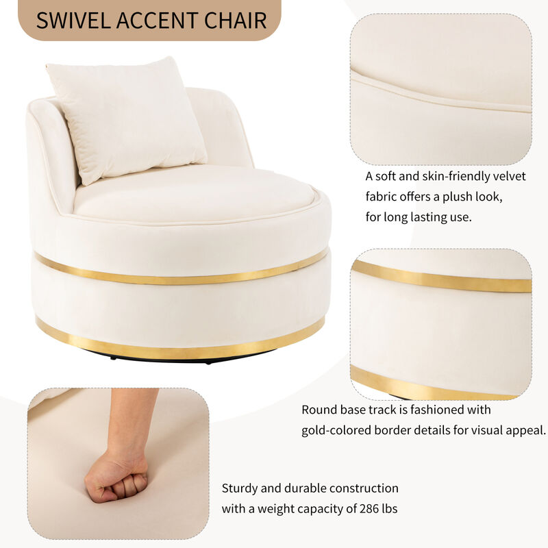 360 Degree Swivel Accent Chair Velvet Modern Upholstered Barrel Chair Oversized Soft Chair with Seat Cushion for Living Room, Bedroom, Office, Apartment, Beige