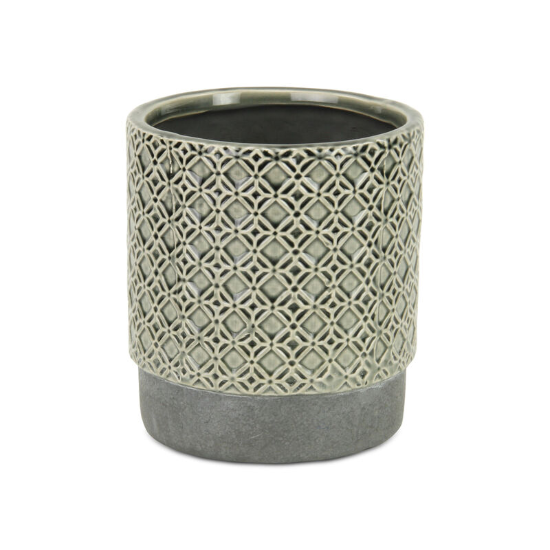 HomeRoots 6" Gray Geometric Ceramic Indoor Outdoor Round Pot Planter image number 2