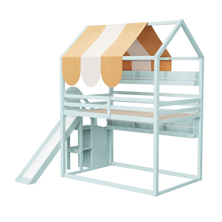 Merax Full Size White Loft Bed with Playhouse Canopy, Slide & Built-In Bookshelves