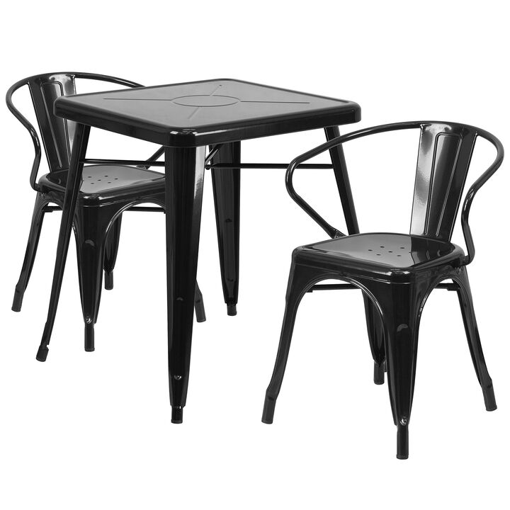 Flash Furniture Commercial Grade 23.75" Square Black Metal Indoor-Outdoor Table Set with 2 Arm Chairs
