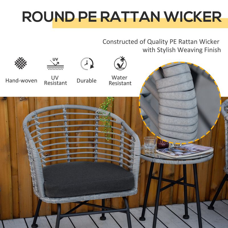 Grey 3 Pieces Patio PE Rattan Bistro Set, Outdoor Round Wicker Woven Coffee Set, 2 Chairs & 1 Coffee Table Conversation Furniture Set, for Garden