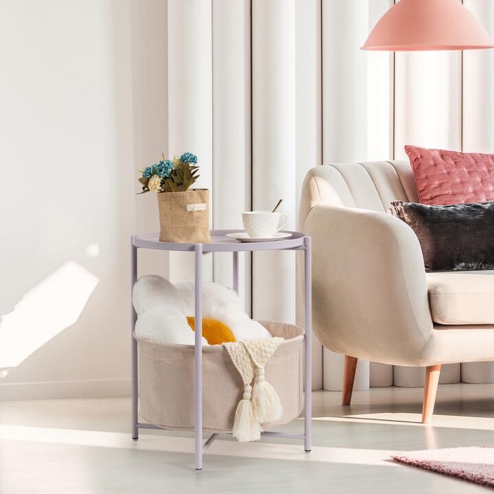 danpinera Round Side Table with Fabric Storage Basket, Metal Side Table Small Bedside Nightstand with Removable Tray Top for Liv