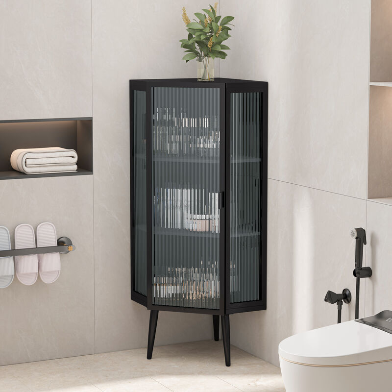 Floor Coner Cabinet with Tempered Glass Doors and Storage Shelves for Bathroom, Living Room and Bedroom
