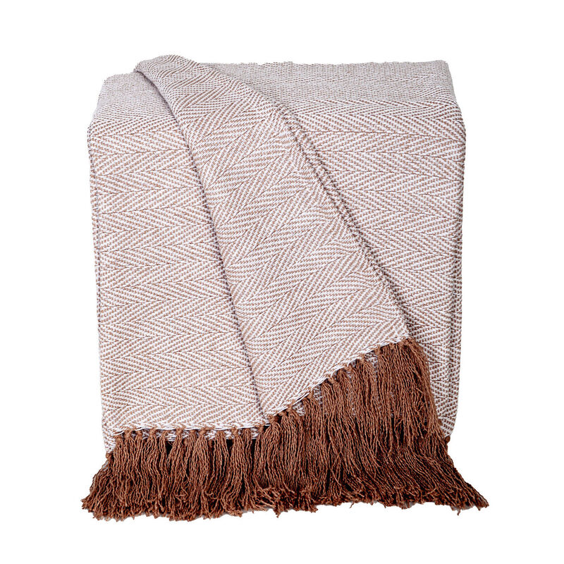 HomeRoots 50" X 60" Beige and Brown Woven Cotton Herringbone Throw Blanket with Fringe image number 4