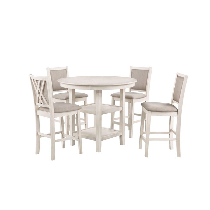 Aine 5 Piece Round Counter Dining Table, Chair Set, White Wood, Fabric Seat - Benzara