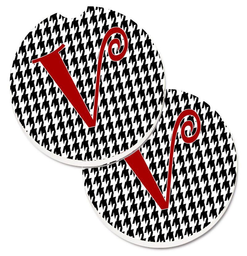 Caroline's Treasures Monogram Initial V Houndstooth black Set of 2 Cup Holder Car Coasters CJ1035-VCARC, 2.56, Multicolor