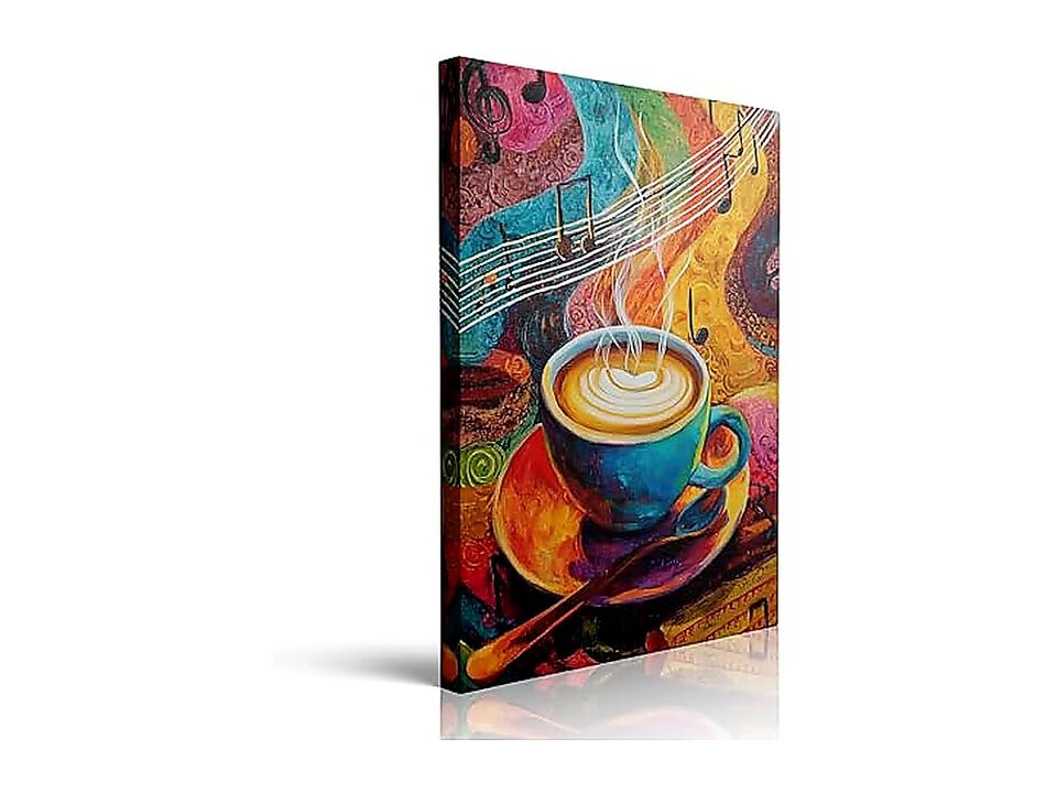 Vibrant Coffee Cup Musical Notes Canvas Wall Art Abstract Kitchen Decor Vintage
