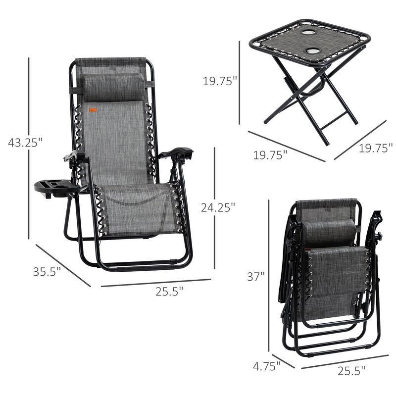 Gray Outdoor Relaxation: 3-Piece Zero Gravity Set with Side Table