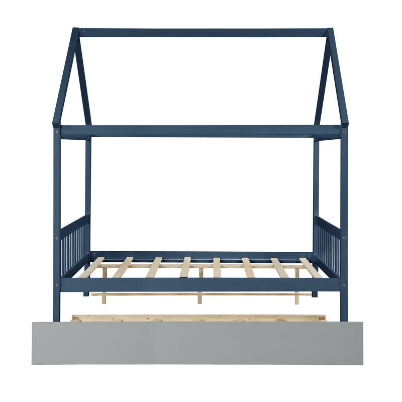 Whisen Solid Wood Twin House Bed Frame with Twin Size Trundle