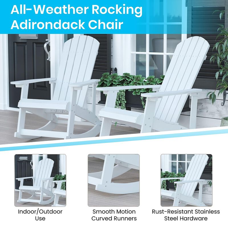 Flash Furniture Savannah Poly Resin Wood Adirondack Rocking Chair - All Weather White Polystyrene - Stainless Steel Hardware