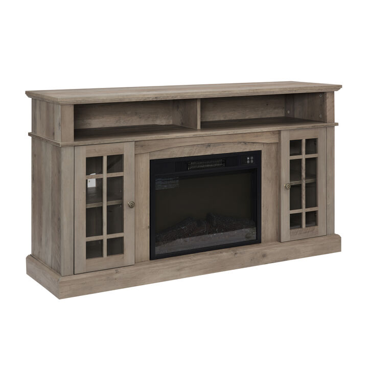 Classic TV Media Stand Modern Entertainment Console with 23" Fireplace Inset for TV Up to 65" with Open and Closed Storage Space, Gray Wash, 58.25" Wx15.75" Dx 32" H