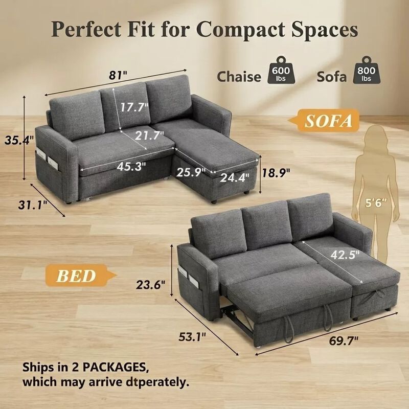 81" Sleeper Sofa Bed, 2 in 1 Pull Out Couch, Sectional Sofa with Reversible Storage, Side Pockets image number 3