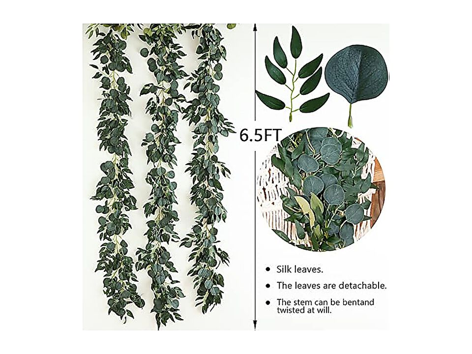 3 Pack Fake Eucalyptus Vines 6 Ft Silk Ivy Garland Odorless Lush Green Leaves