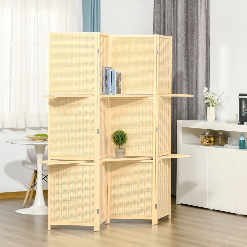 4 Panel Bamboo Room Divider, 6ft Folding Wall Divider with 2 Display Shelves for Bedroom and Office, Natural Wood