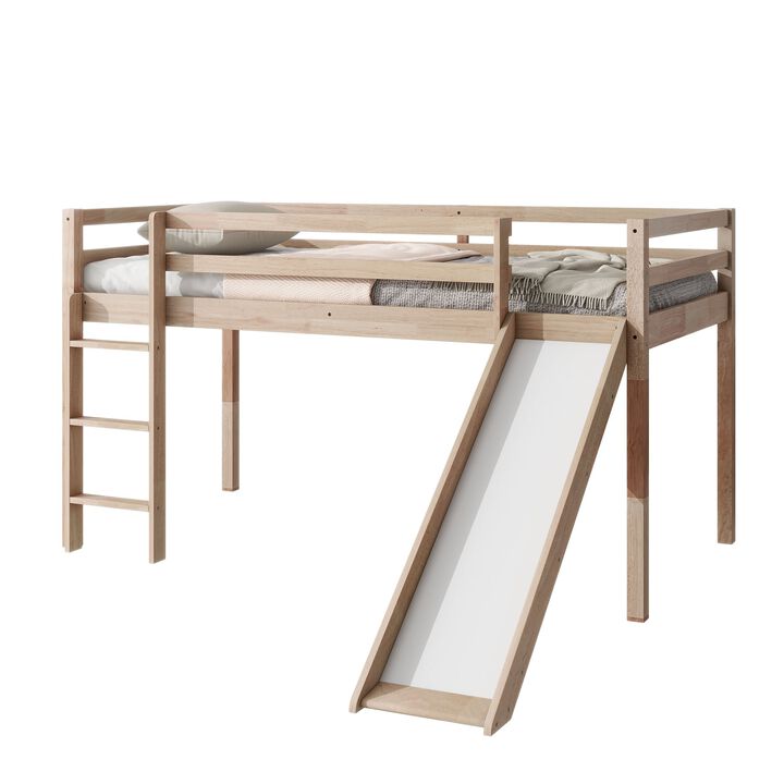 Whisen Twin Size Low Loft Bed with Slide, Ladder and Safety Guardrails