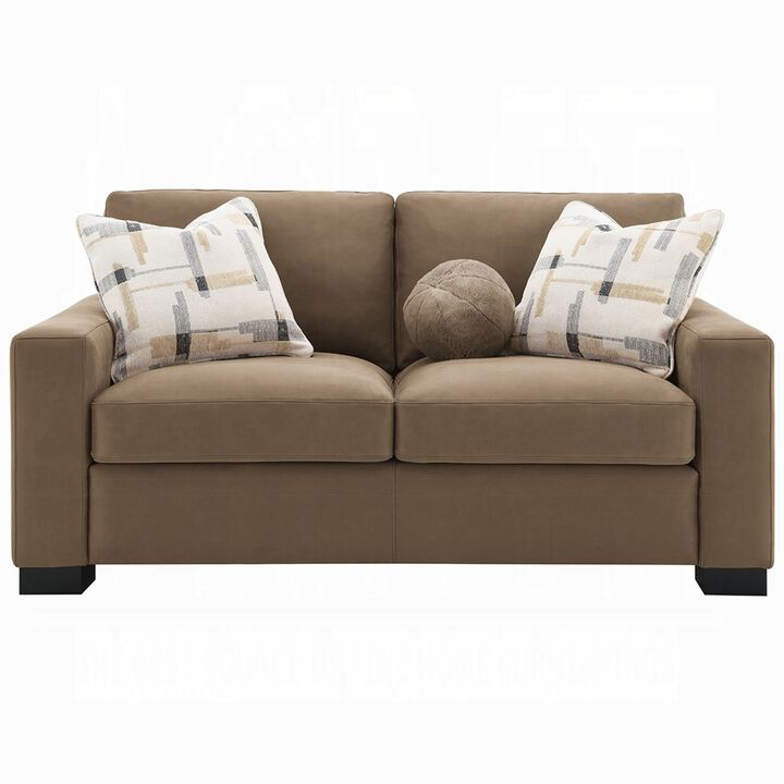 Lenu Modern Loveseat w 3 Accent Pillows, Brown Suede Fabric, 69 Inch