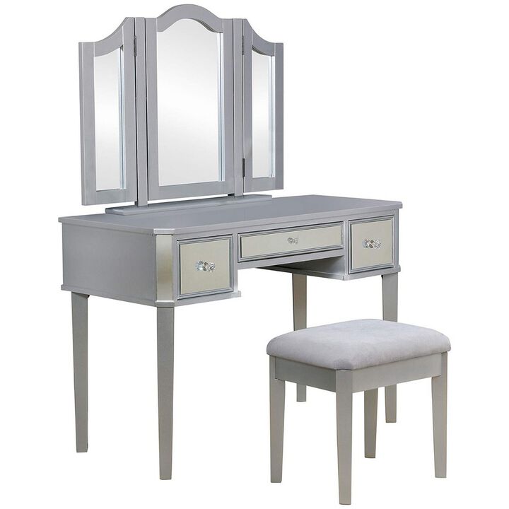 43 Inch Vanity Desk with Stool, Drawers, 3 Sided Mirrors, Silver Wood Frame - Benzara